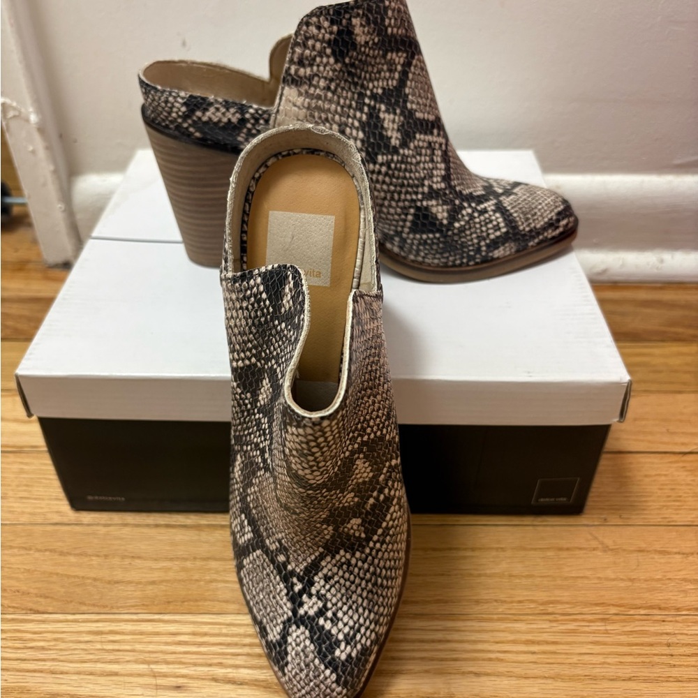 Dolce Vita Taupe & Black Snake-Print Block Heel Mules